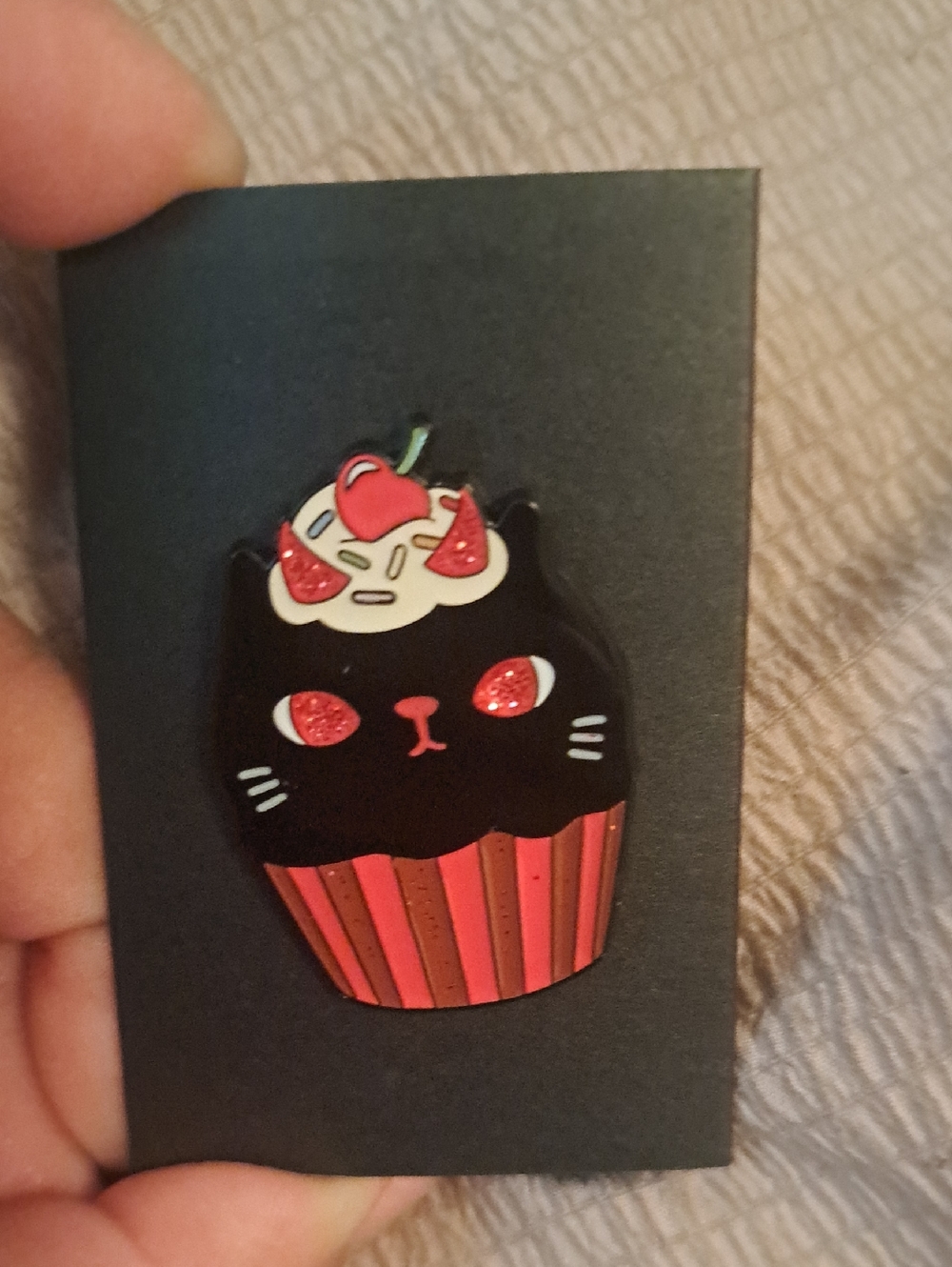 Black Cat Cupcake Enamel Pin with Red Accents
